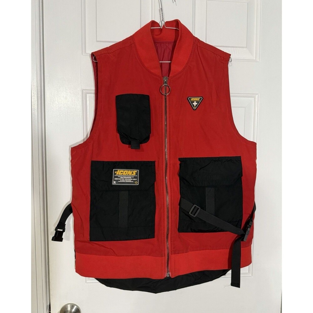 Hudson Outerwear Men's Red Icons Tactical Zip Up Vest Red/Black Pockets Medium